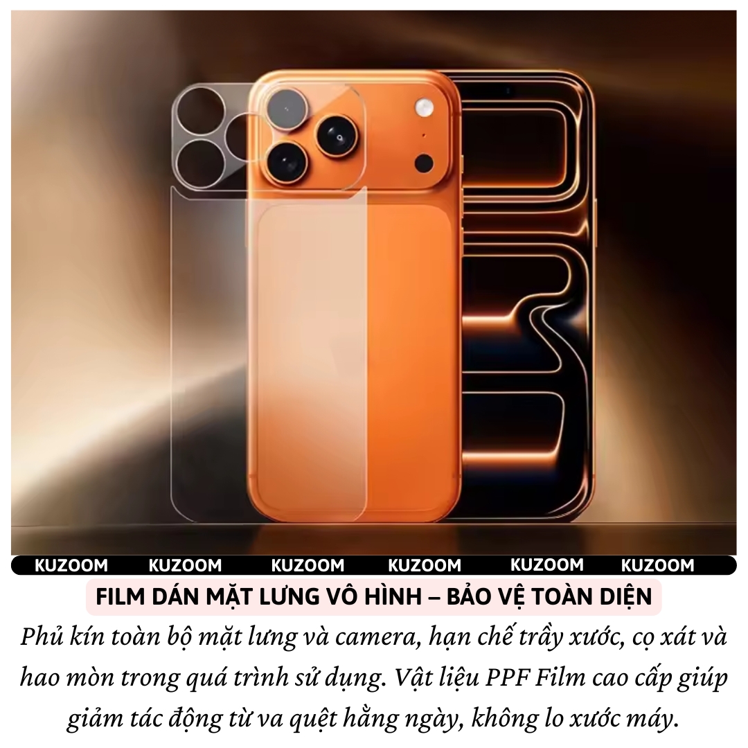 Bộ miếng dán Film PPF InvisibleShield bảo vệ camera và lưng trong suốt chống xước KUZOOM LENS cho iPhone 17 Pro Max / 17 Pro  - Siêu mỏng 0.1mm, chống trầy xước, Phủ nano chống vân taym, chống dầu, ppf cao cấp - hàng nhập khẩu