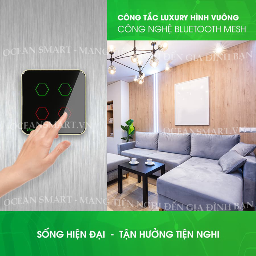 Công Tắc Cảm Ứng Thông Minh HUNONIC Luxury, Công Tắc Điều Khiển Từ Xa Bằng Điện Thoại Hình Vuông - HNLUXV