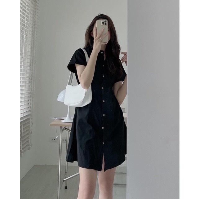 Đầm váy nữ basic cổ sơ mi cài cúc chiết eo lưng chun nhiều màu thời trang Banamo fashion váy nữ cộc tay nhiều màu 5915