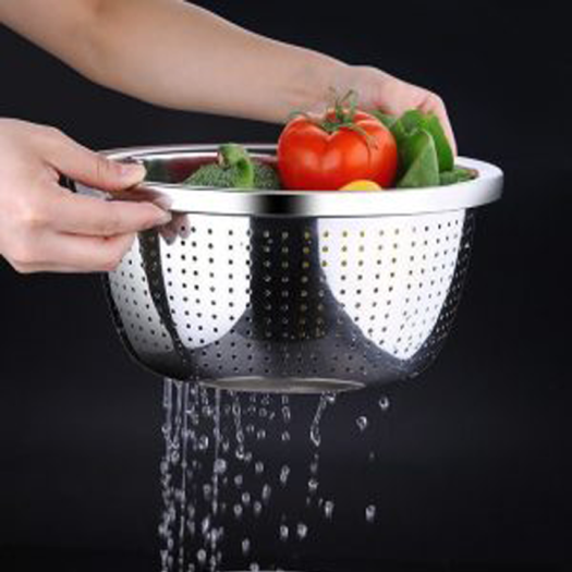 Bộ Thau Rửa Rau Quả Trộn Salad 26cm, Rổ Đúc 24cm Có Lỗ Dày Sáng Đẹp. Thau Inox An Toàn Chất Lượng Cao