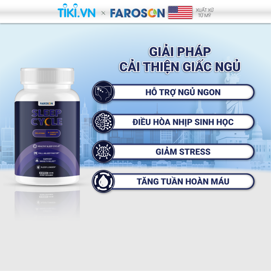 Viên uống bổ não Melatonin Vitamin B ngủ ngon giảm stress Faroson Sleep Cycle hộp 30 viên