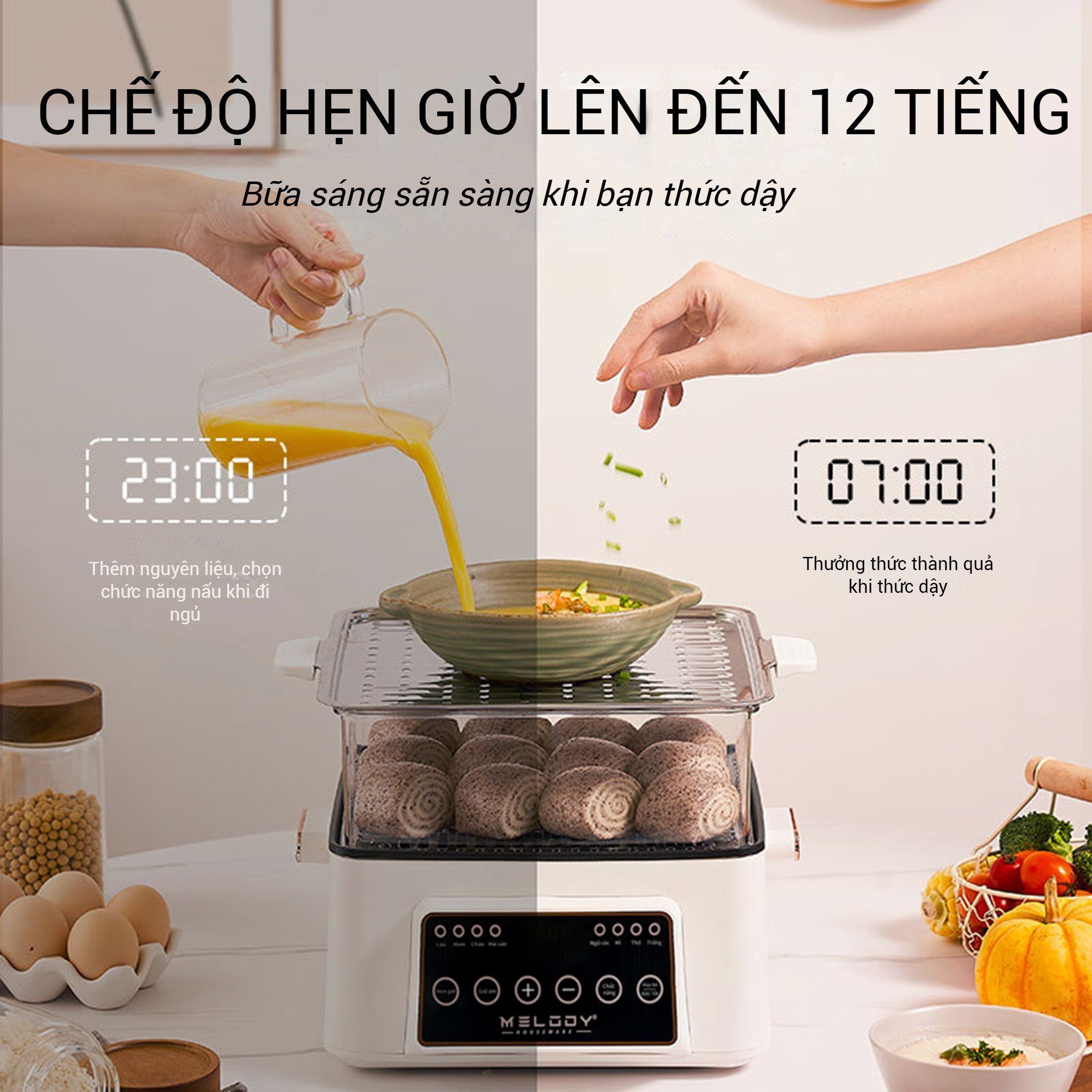 Nồi Hấp Điện MELODY Kiêm Hấp, Nấu Lẩu Đa Năng 2in1 hàng chính hãng