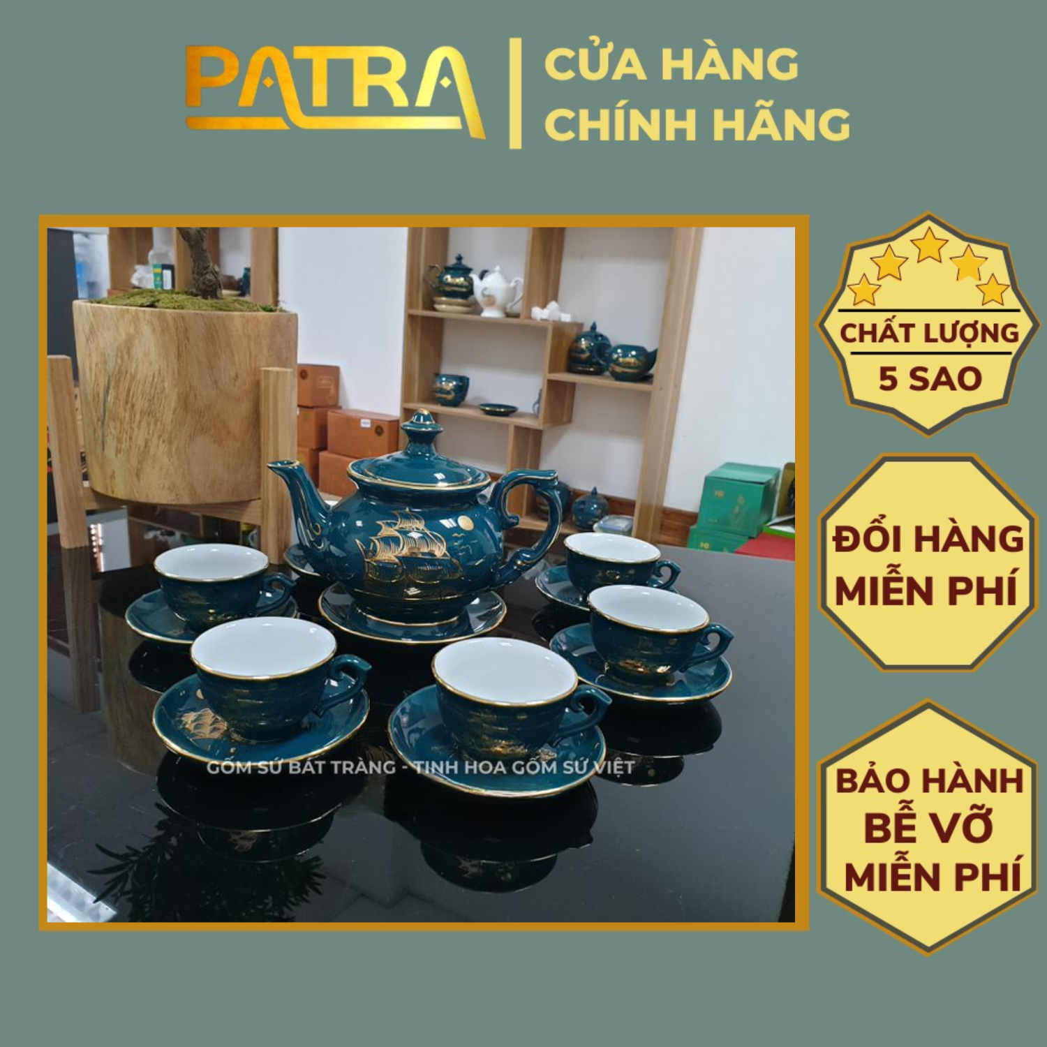 Bộ ấm chén uống trà cao cấp , bộ ấm trà Bát Tràng - thuận buồm xuôi gió xanh mallard
