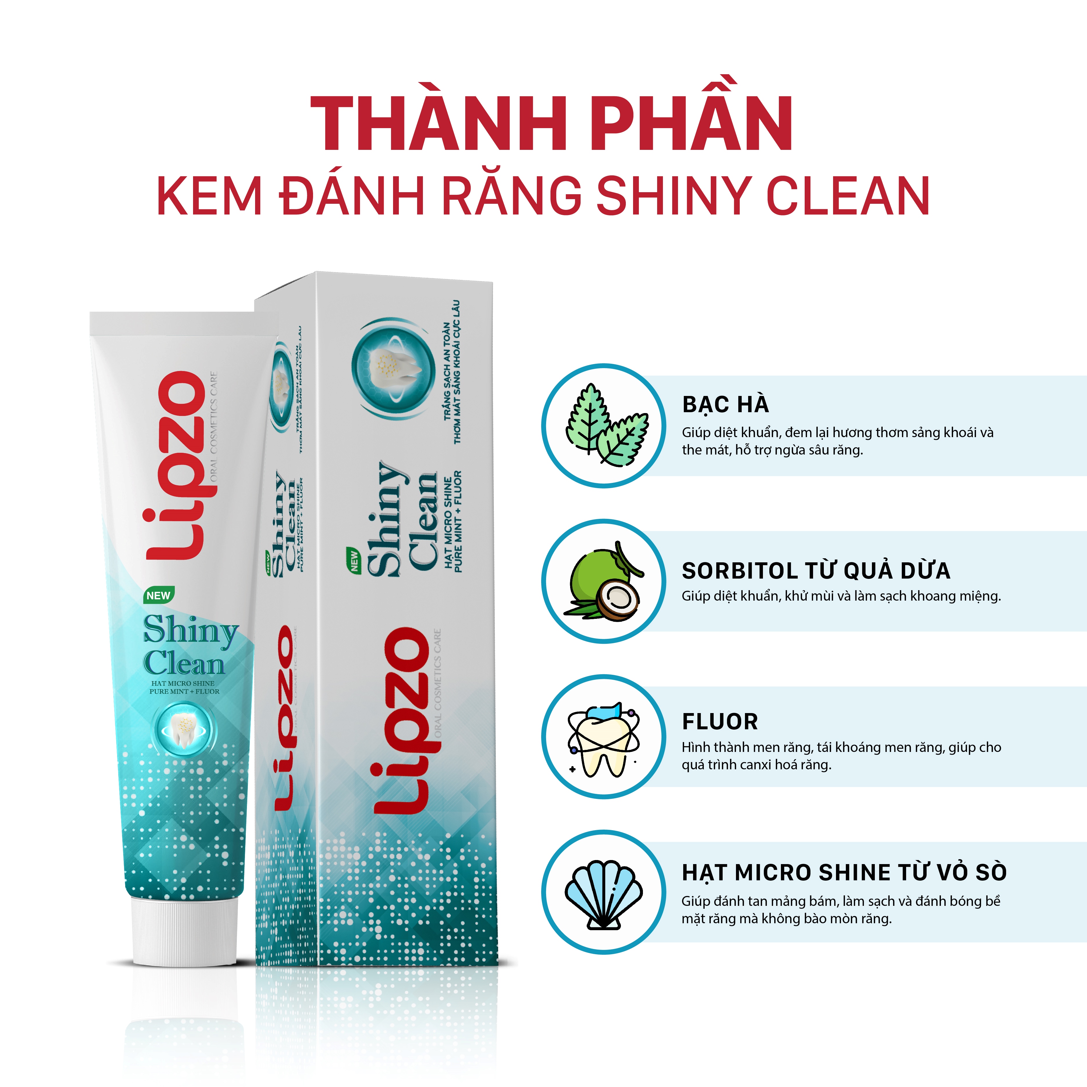 Kem Đánh Răng LIPZO Shiny Clean Vị The Mát Diệt Khuẩn 95g Khử Mùi, Không Bào Mòn Men Răng Từ Khoáng Chất Vỏ Sò