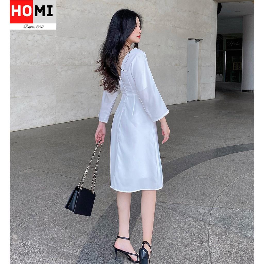 ĐẦM TRẮNG CỔ CHỮ V, đầm dạo phố HomiFashion