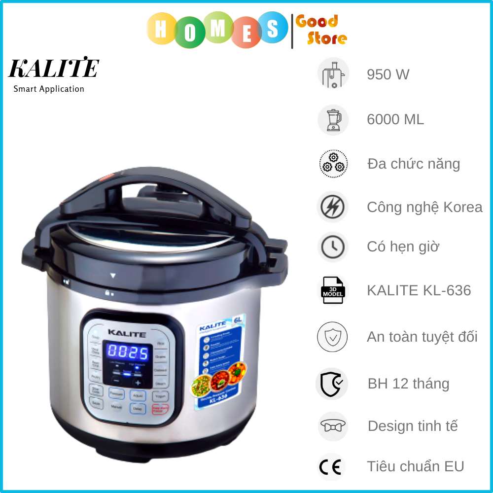 Nồi Áp Suất Điện Đa Năng KALITE KL-636  Gồm 8 Chương Trình Cài Đặt Dung Tích 6 Lít Công Suất 950 W - Hàng Chính Hãng