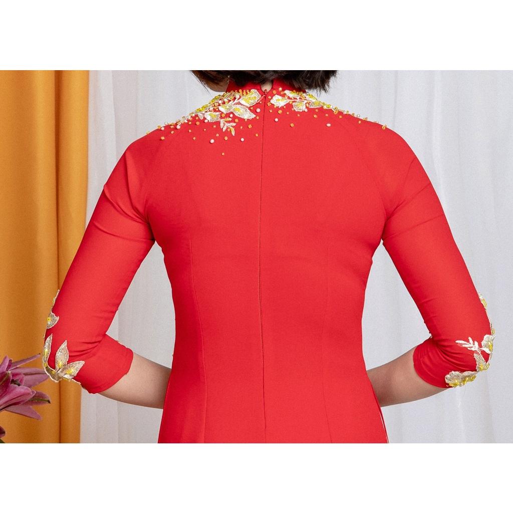 Áo dài đẹp màu đỏ chất liệu lụa kết hoa thủ công tay lỡ | Áo dài Trung Đồng