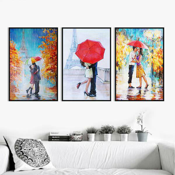 Bộ 3 Tranh Canvas Không Viền Treo Tường Paris Phong Cách Sơn Dầu "Ngày Mưa Paris" W285