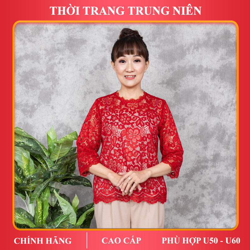 Áo trung niên iDiva A16-89, chất liệu ren cao cấp, tay lỡ, dáng suông phù hợp U50 dự tiệc &amp; dạo phố