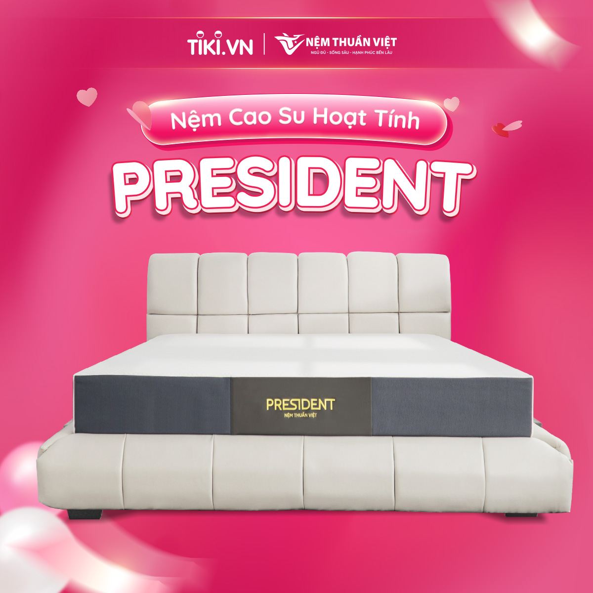 Nệm cao su thiên nhiên hoạt tính Thuần Việt President - Đầy đủ kích thước - Nệm cao cấp, nâng đỡ tuyệt vời