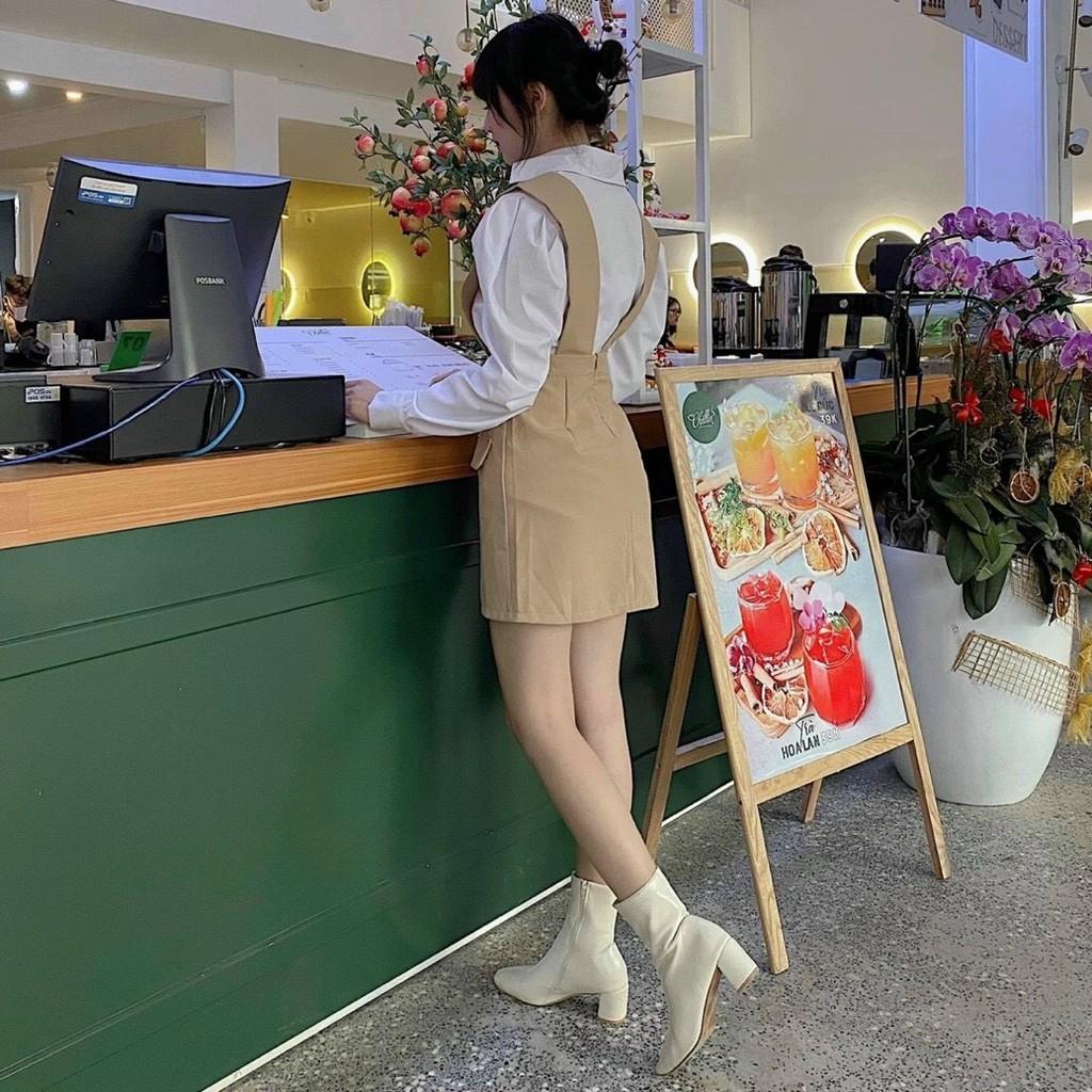 Sét Yếm Nude Kèm Sơmi Trắng Yếm Ngắn Dáng Chữ A Sơmi Tay Dài