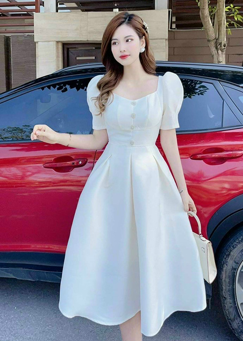 Đầm Thun Umi Xòe Tay Phồng Đính Cườm Thời Trang