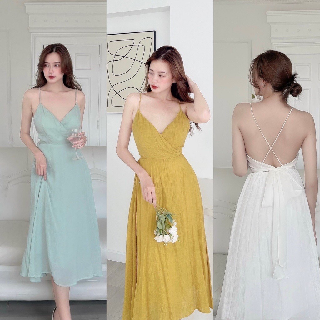 Đầm midi 2 dây chéo lưng cột nơ siêu sexy gam màu pastel nhẹ nhàng