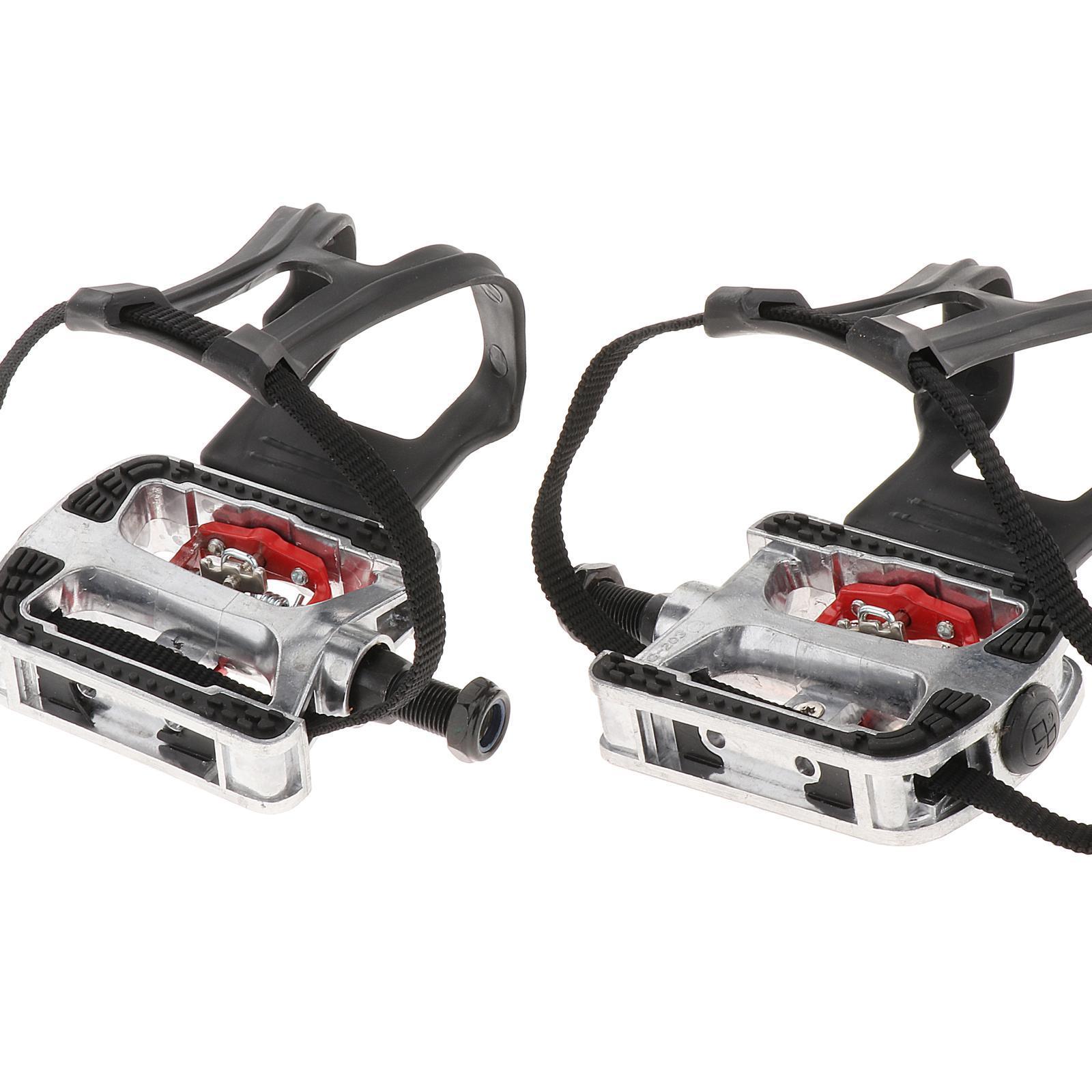 Bike Pedal with Straps and Toe Clips for Outdoor Cycling and Indoor Exercise Bike, Replacement Alloy Multipurpose Bicycle Pedals
