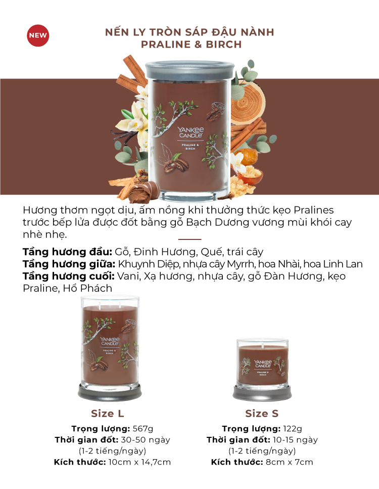 Nến ly tròn sáp đậu nành Yankee Candle size S (122g) - Praline & Birch