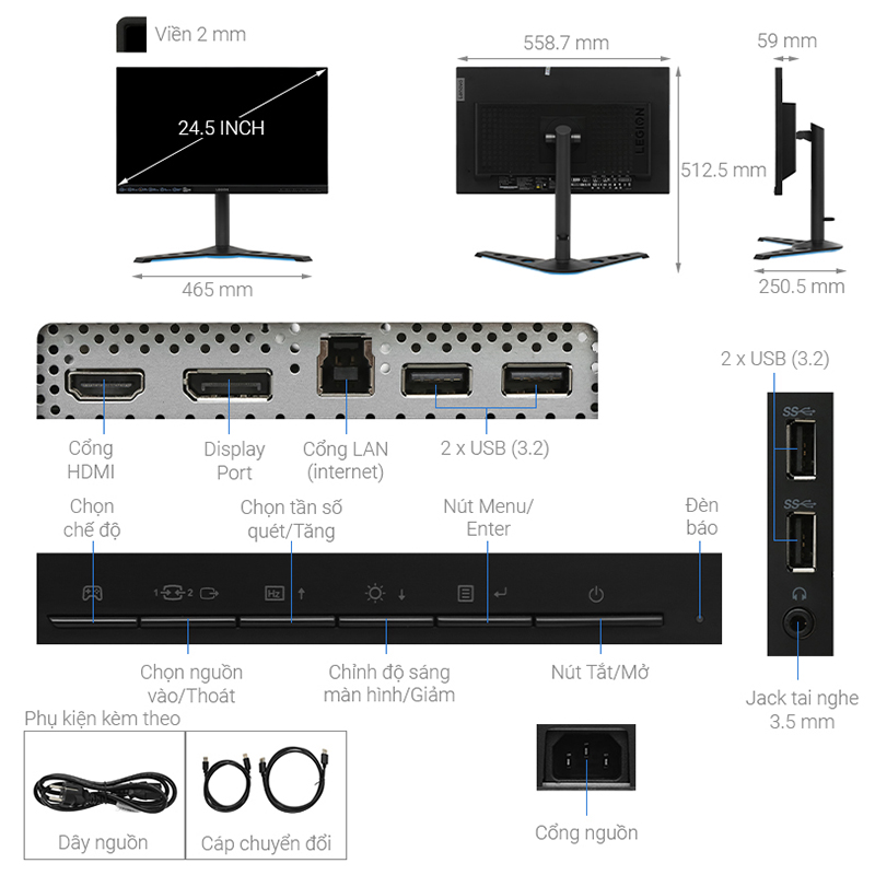 Màn Hình Gaming Lenovo Legion Y25-25 66AAGAC6VN (24.5 inch/ FullHD (1920 x 1080) IPS/ 240 Hz/ 1 ms/ NVIDIA G-SYNC) - Hàng Chính Hãng