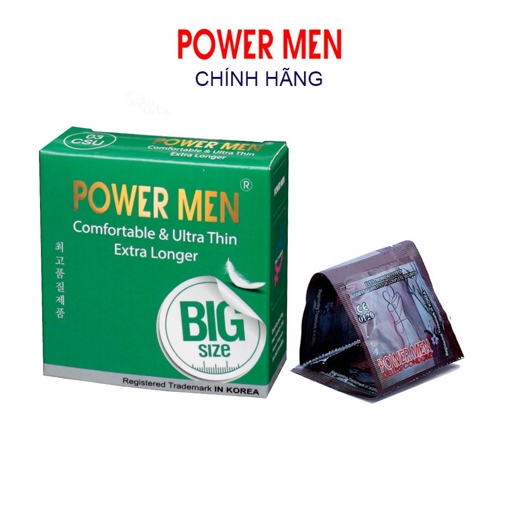 Bao cao su POWER MEN Hộp 3 bcs siêu mỏng, kéo dài size lớn 55mm, nhiều gel bôi trơn