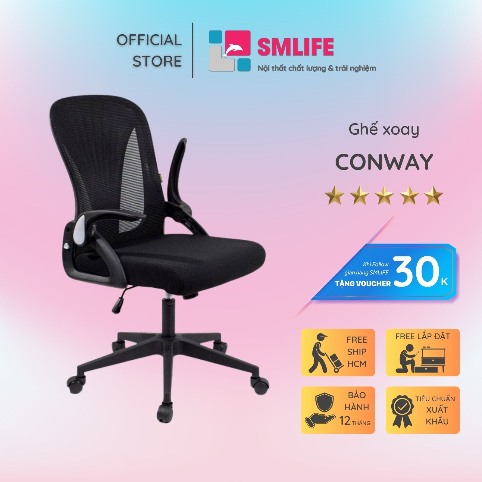 Ghế xoay văn phòng tay nhựa có thể gập SMLIFE Conway