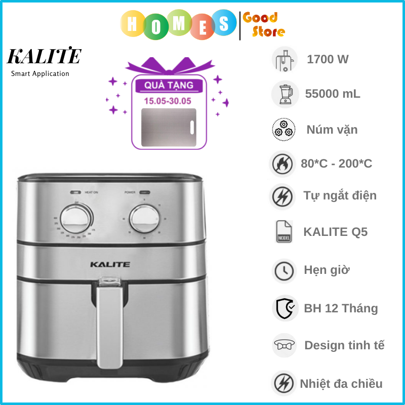 Nồi Chiên Không Dầu KALITE Q5 Vỏ Chống Gỉ Sang Trọng Dung Tích 5.5 Lít Công Suất 1700 W - Hàng Chính Hãng