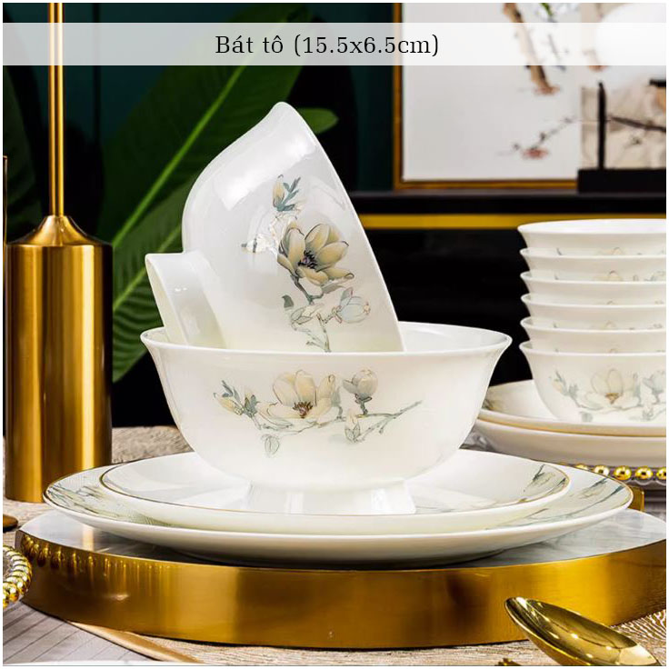 Bộ bát ăn cơm SỨ XƯƠNG Giang Tây cao cấp 60 chi tiết - Bộ chén ăn cơm sang trọng, tinh tế - Bát đĩa mỏng nhẹ nhưng cứng trong và cách nhiệt tốt. Mã GS18