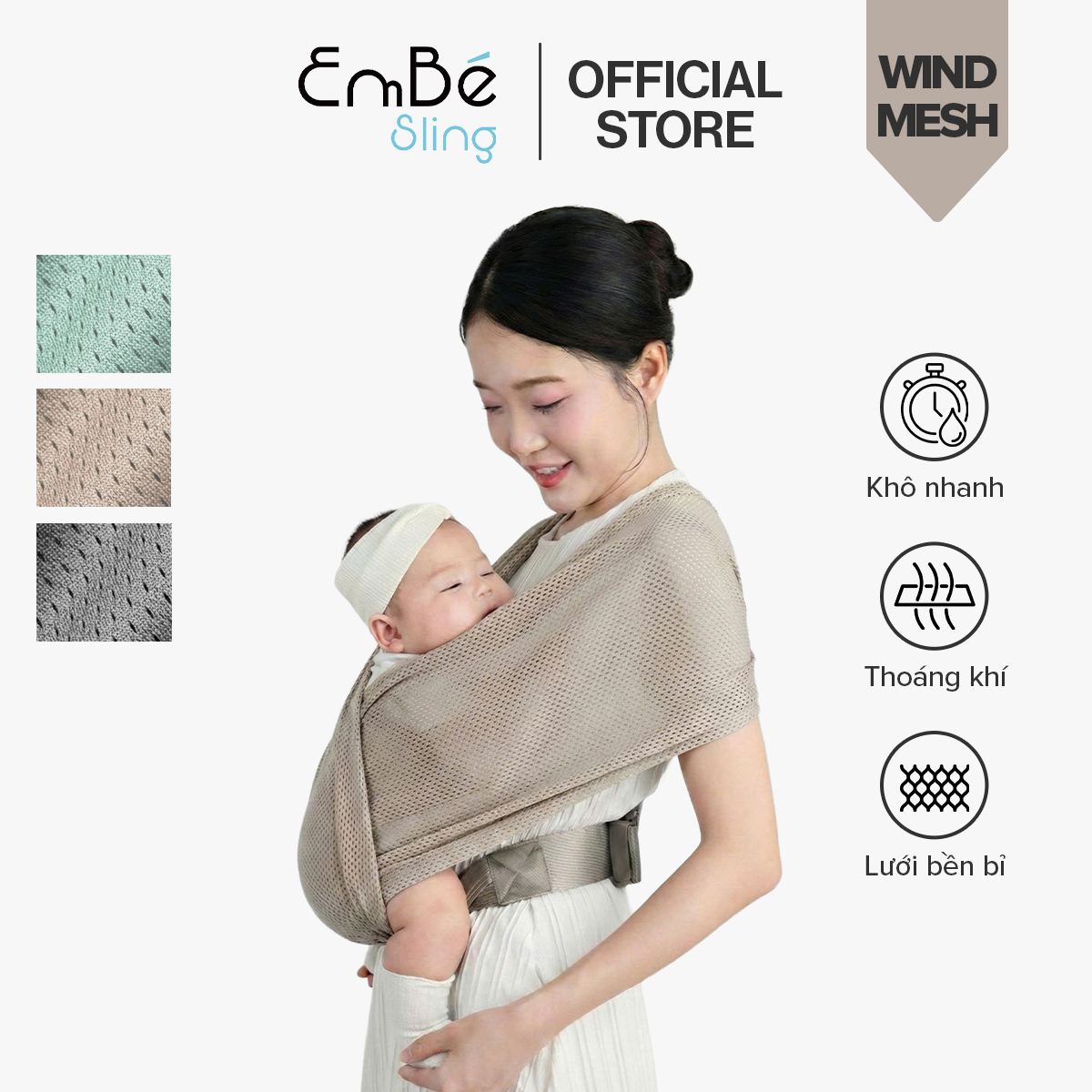 [Vải Lưới - Mocha] Địu Vải Lưới EmBé Sling WindMesh Thoáng Khí An Toàn Cho Bé Sơ Sinh 0 - 24 Tháng