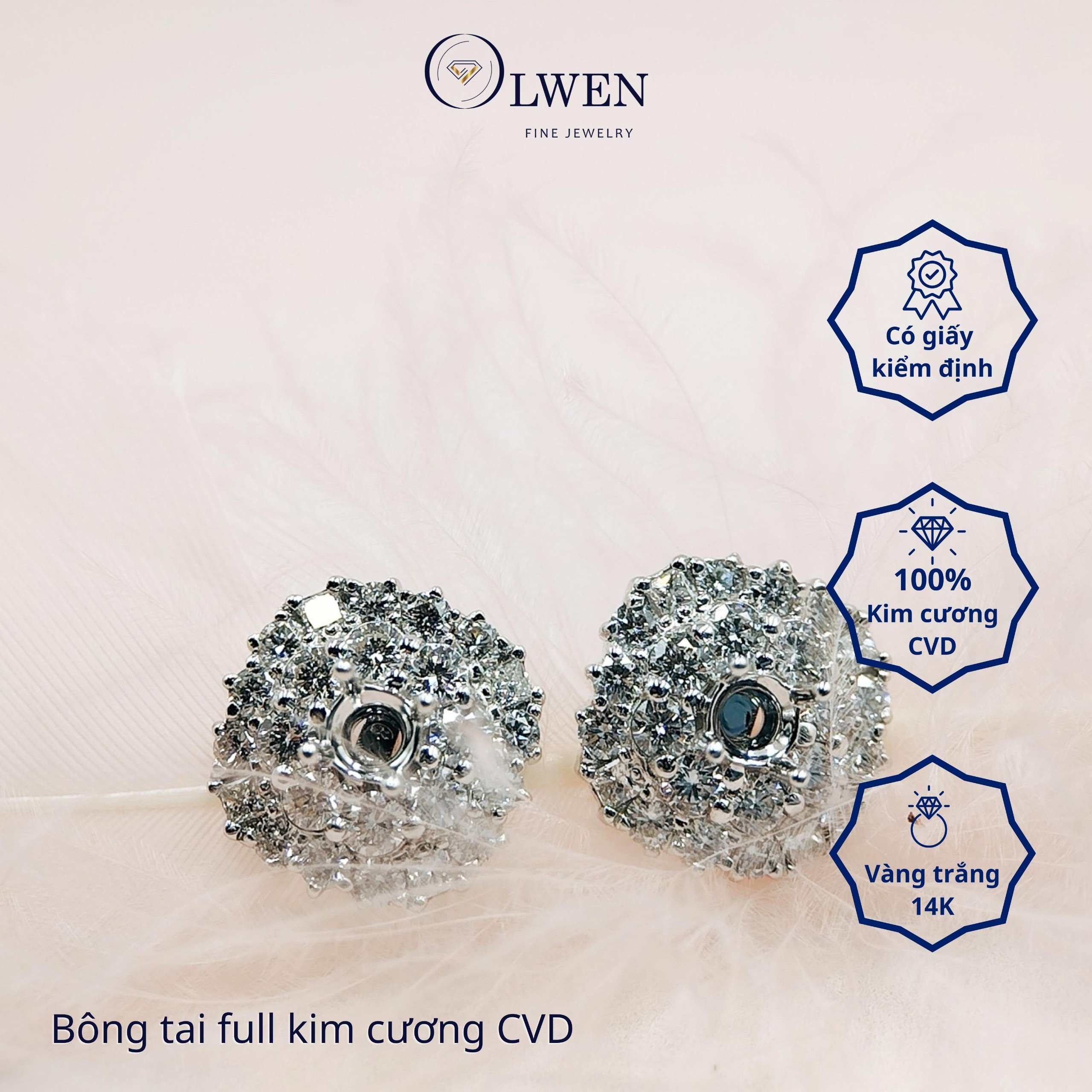 Đôi Bông Tai 14k Trắng Olwen Đính Kim Cương CVD HA205