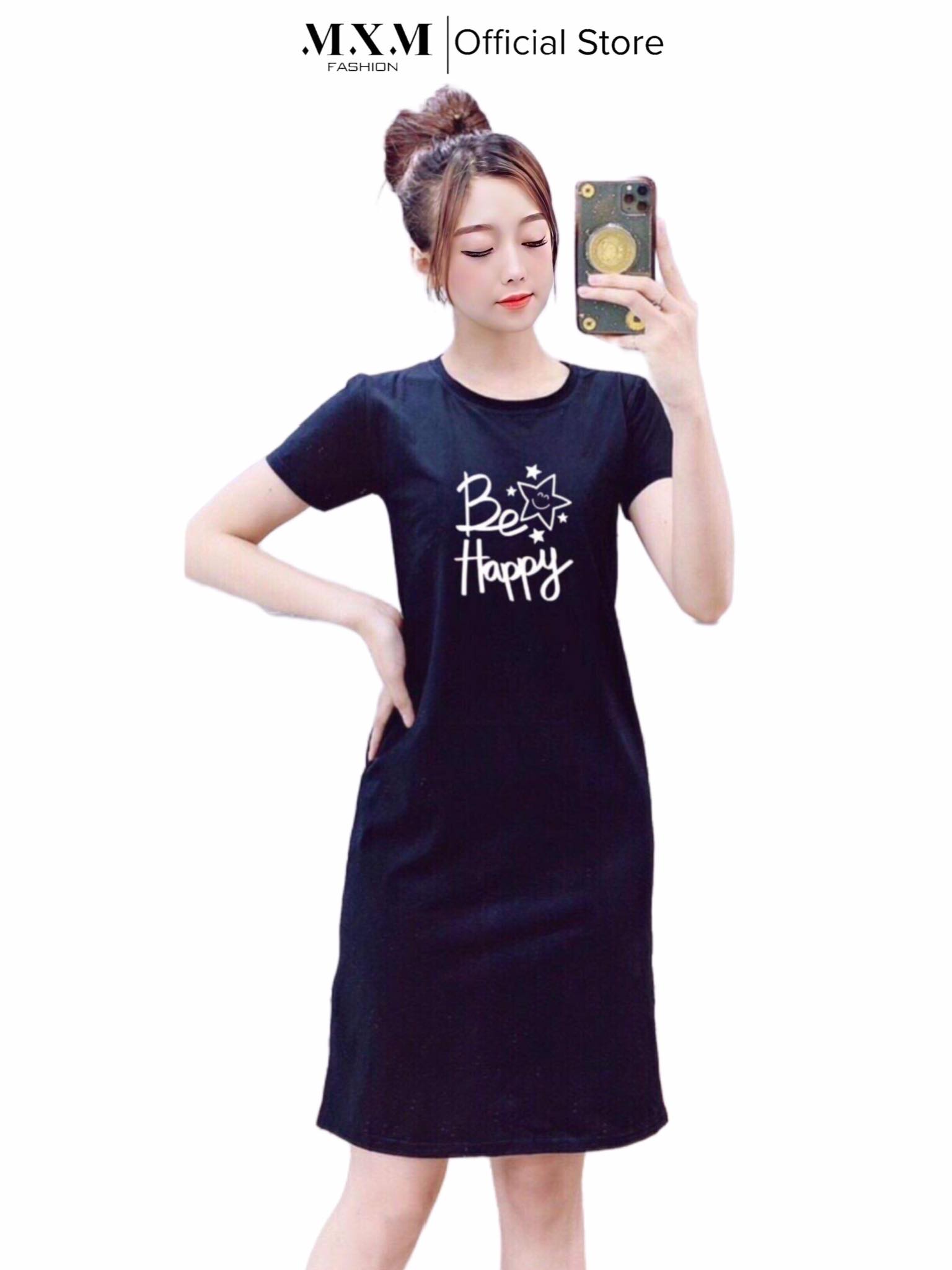 Đầm thun dáng suông xẻ tà mặc nhà , đi chơi in chữ Be Happy thun cotton 4 chiều từ 40-55kg ( D163 )