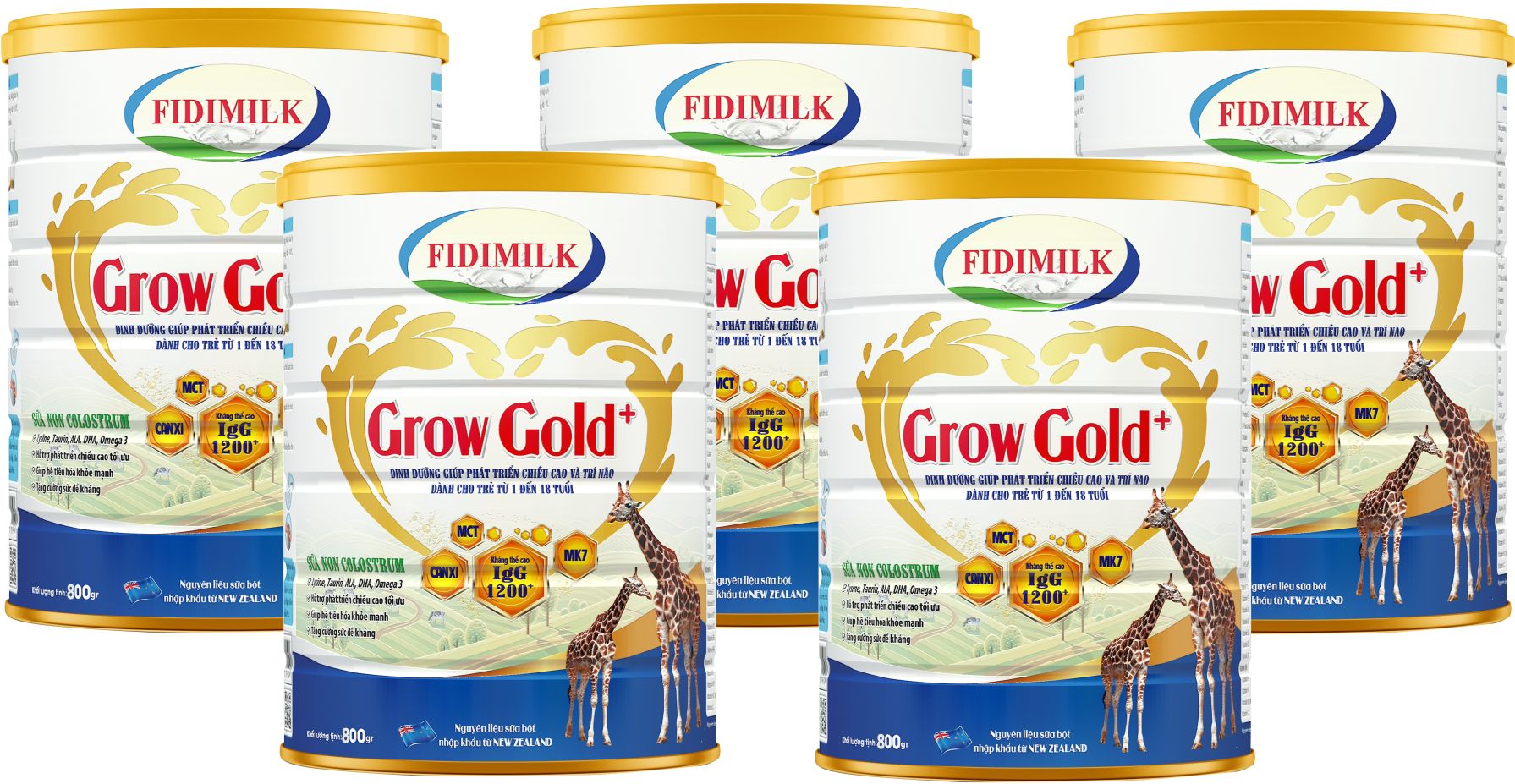 Combo 5 lon Sữa công thưc FIDIMILK GROW GOLD lon 800g - Dinh dưỡng phát triển chiều cao, chứa sữa non Colostrum dành cho Bé 1 - 15 tuổi.