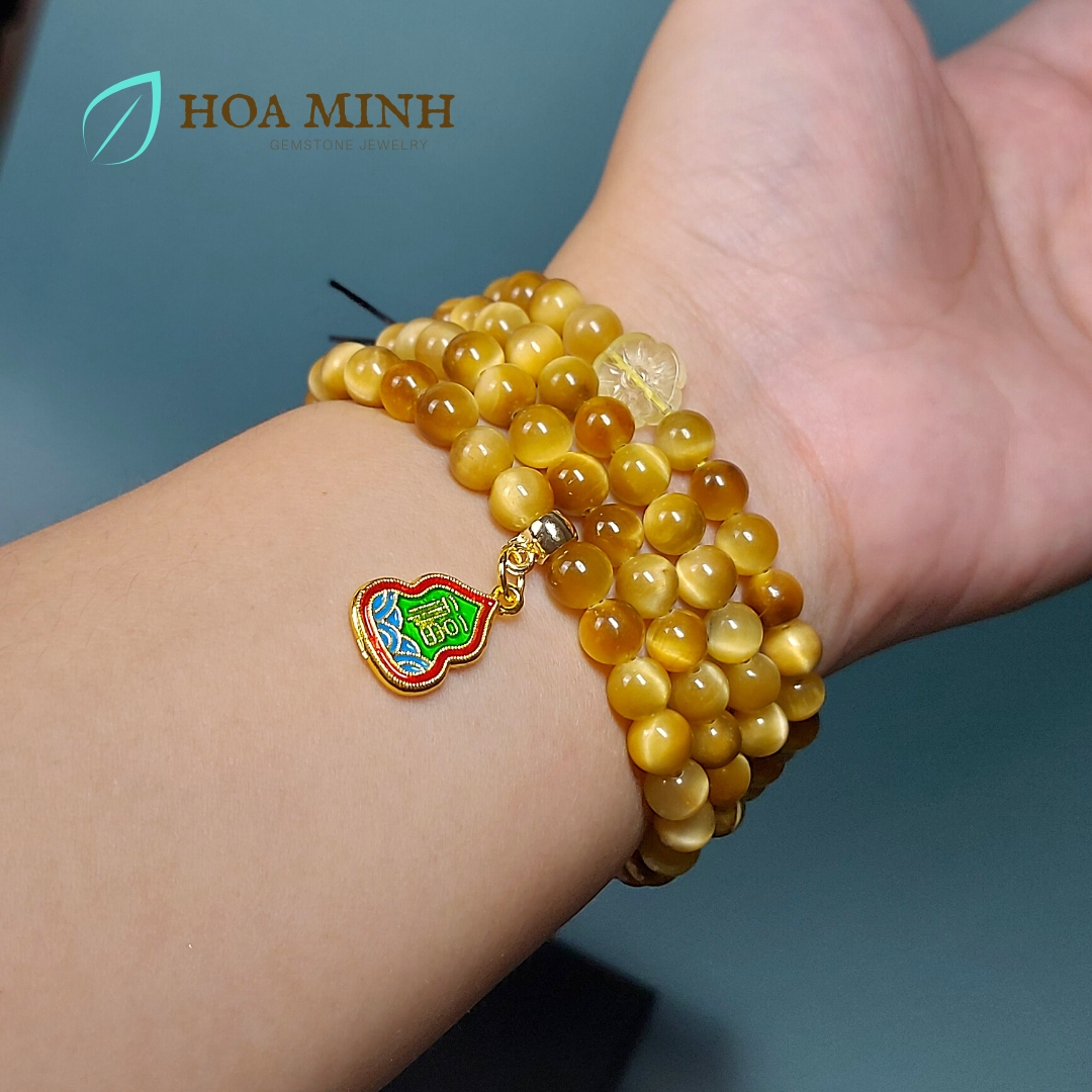 Vòng tay chuỗi Mắt Hổ Vàng Tâm 108 hạt size 6 li An Lạc, phối charm ngôi sao, hoa mai và hồ lô chữ Phúc | Hoa Minh Gem
