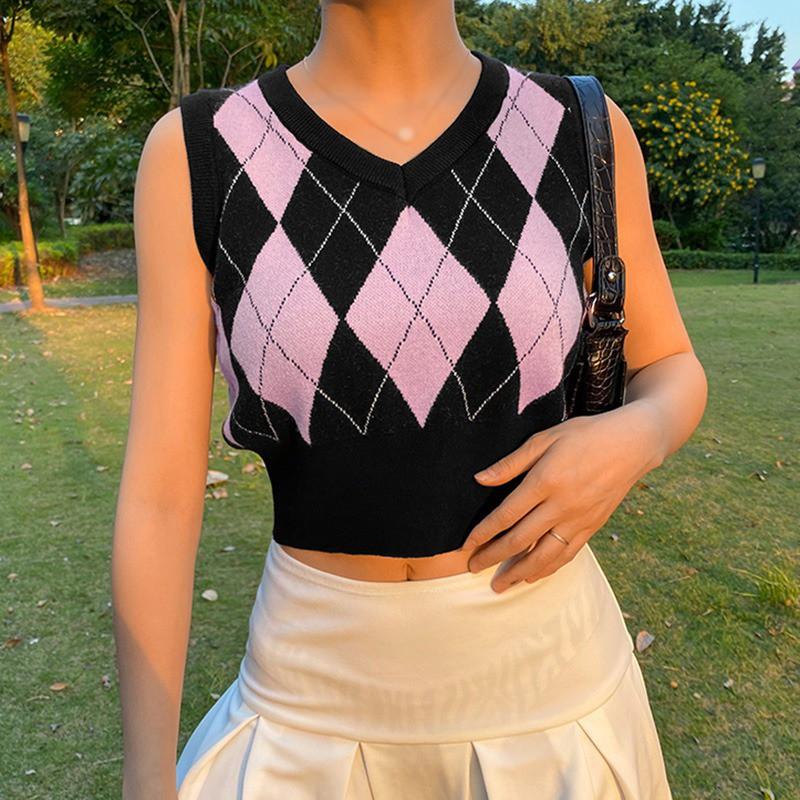 Áo Tank Top Dệt Kim Cổ Chữ V Màu Tương Phản Phong Cách Retro Cho Nữ