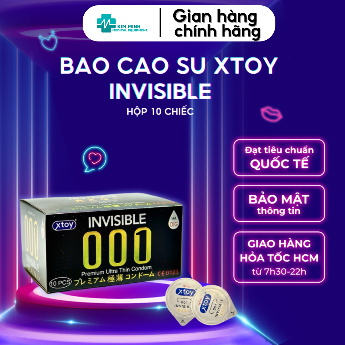 Bao cao su XTOY INVISIBLE 001 siêu mỏng, nhiều gel bôi trơn, kéo dài quan hệ, hương thơm - Hộp 10 chiếc