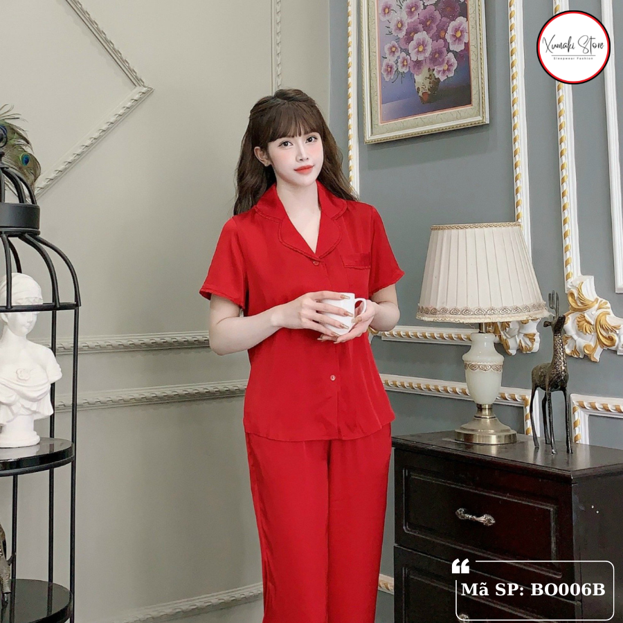 Bộ pijamas nữ áo cộc quần dài nhiều màu trơn chất lụa Xumaki Store BO006B