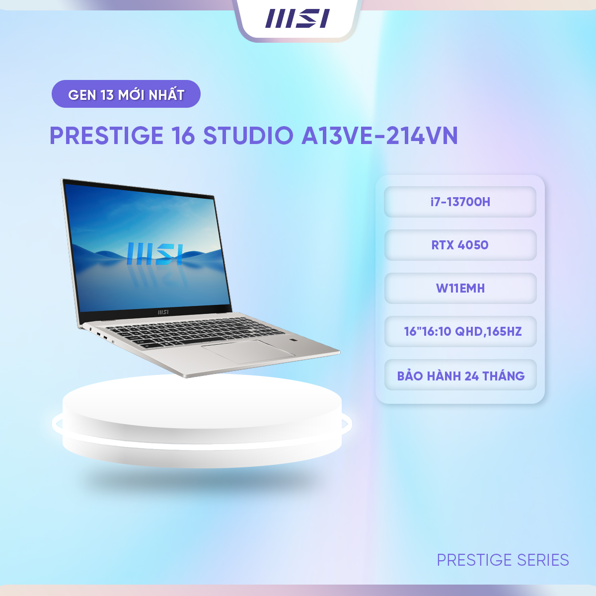 MSI Laptop Văn phòng Cao cấp Prestige 16Studio A13VE-214VN|i7-13700H|4050|DDR5 16GB|1TB|16&quot; miniLED, 165Hz, 100% [Hàng chính hãng]