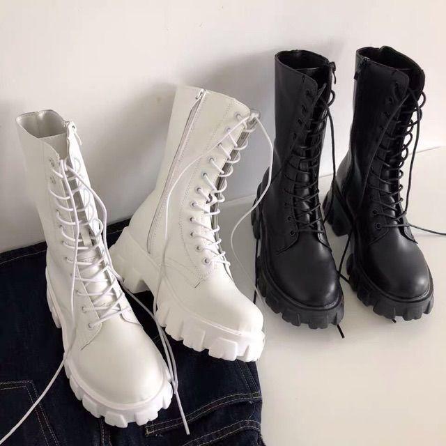 SẴN Giày Bốt Martin cao cổ đế độn, boots cao cổ buộc dây kéo khoá , chất da Pu đẹp mềm