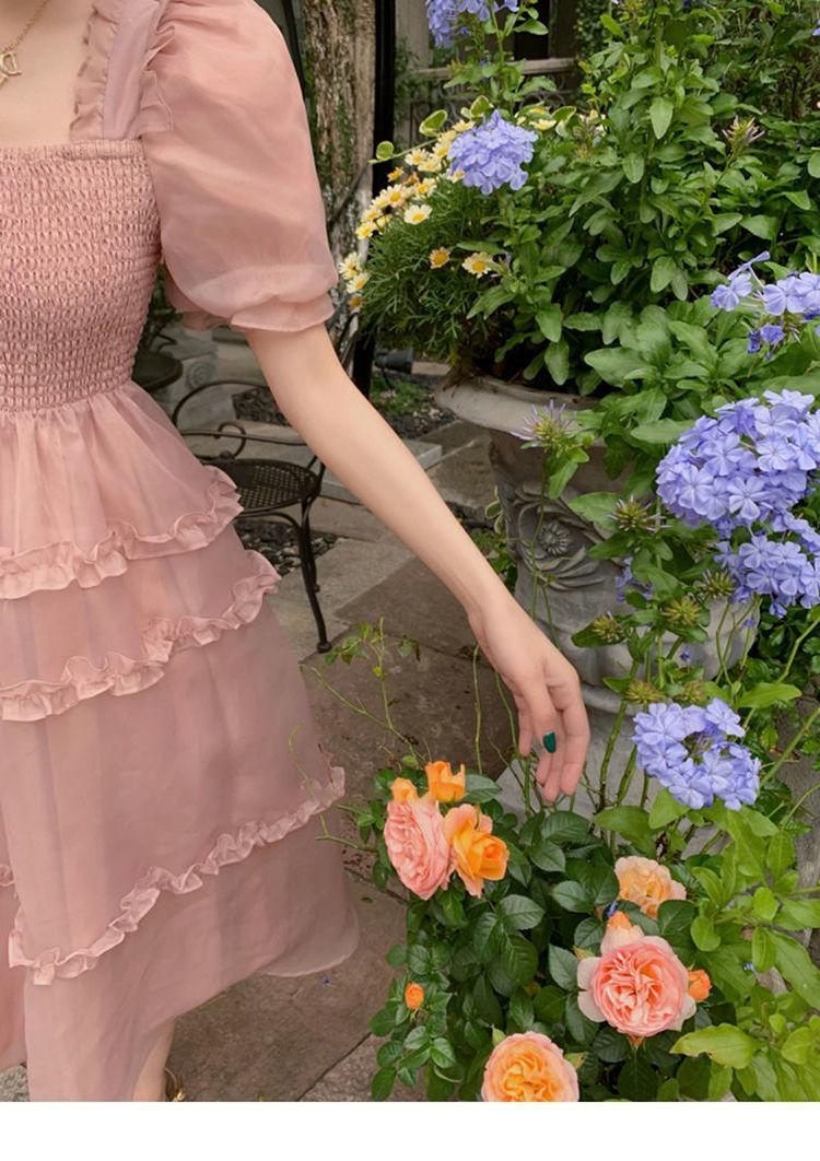 TOBE1SHOP Váy màu hồng nàng tiên Pháp ren Bouffant váy công chúa váy bánh váy lưới nàng tiên thắt lưng đầm