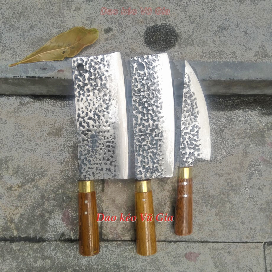 Bộ 3 dao nhà bếp chặt thái lọc nhíp vân kiểu cán mun khâu đồng