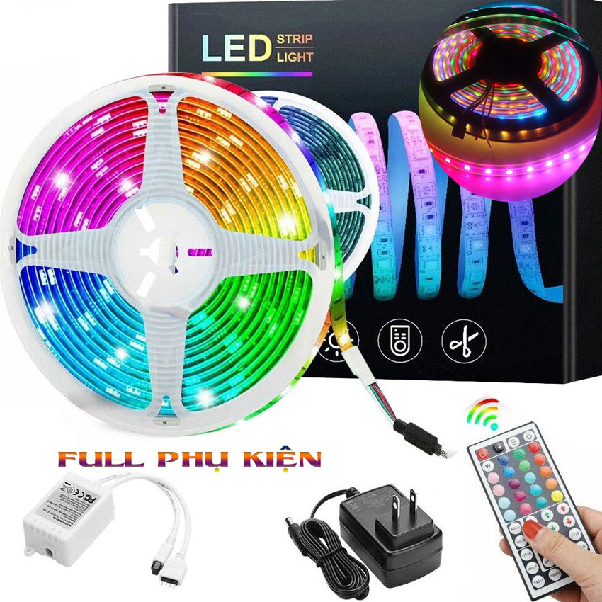 Bộ dây đèn LED 5050 nhiều màu dài 5M có keo - Kèm Adapter và Remote