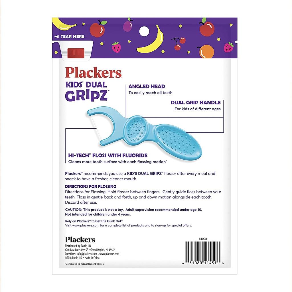 TÚI 75 TĂM CHỈ NHA KHOA &amp; FLOURIDE VỊ TRÁI CÂY CHO BÉ Plackers Kids Dual Gripz Flossers, Grip Me Handle, Fruit Smoothie