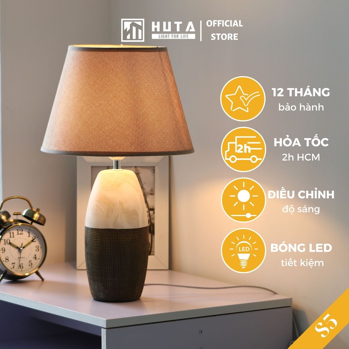 Đèn Ngủ Để Bàn HUTA S5 Gốm Sứ Cao Cấp Sang Trọng Decor Trang Trí Phòng Ngủ Phòng Khách, Khách Sạn, Điều Chỉnh Độ Sáng, Đèn Vàng Bóng LED Tiết Kiệm Điện