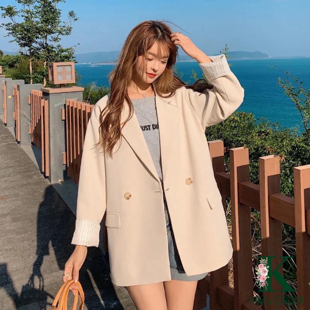 Áo blazer phong cách Ulzzang Hàn Quốc loại 1 màu be và đen dành cho nữ chất đẹp dáng vest dài tay phom rộng cá tính