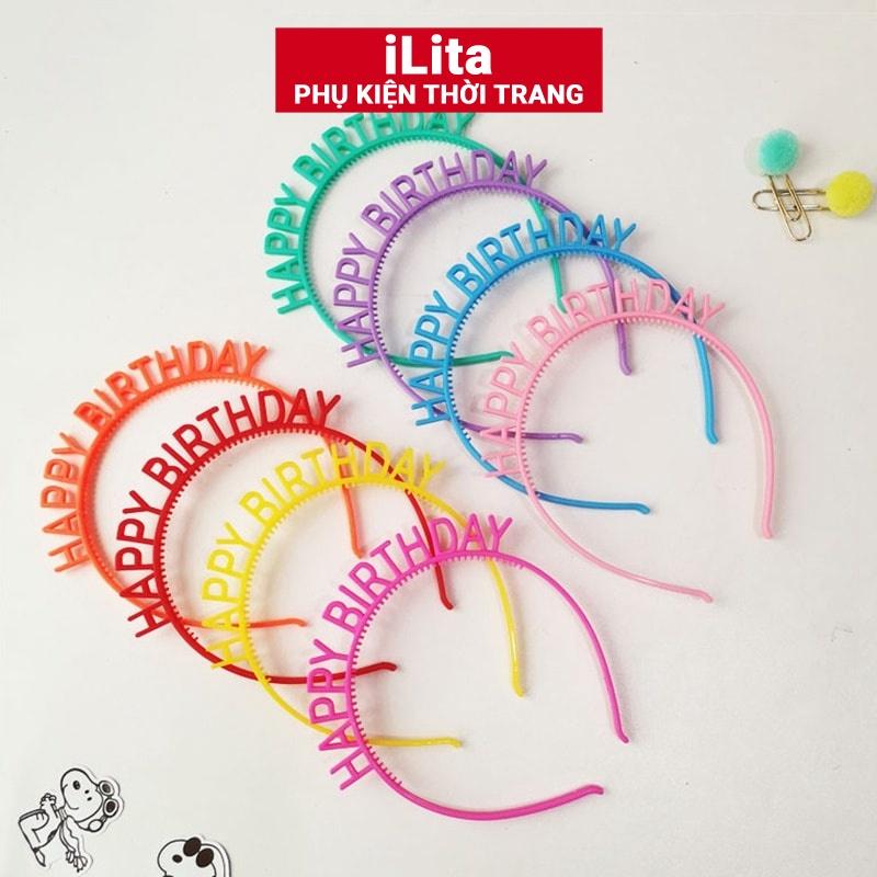 Cài bờm tóc Happy Birthday iLita, băng đô chúc mừng sinh nhật cute dễ thương đủ màu hồng, vàng, đỏ, xanh, tím trang trí