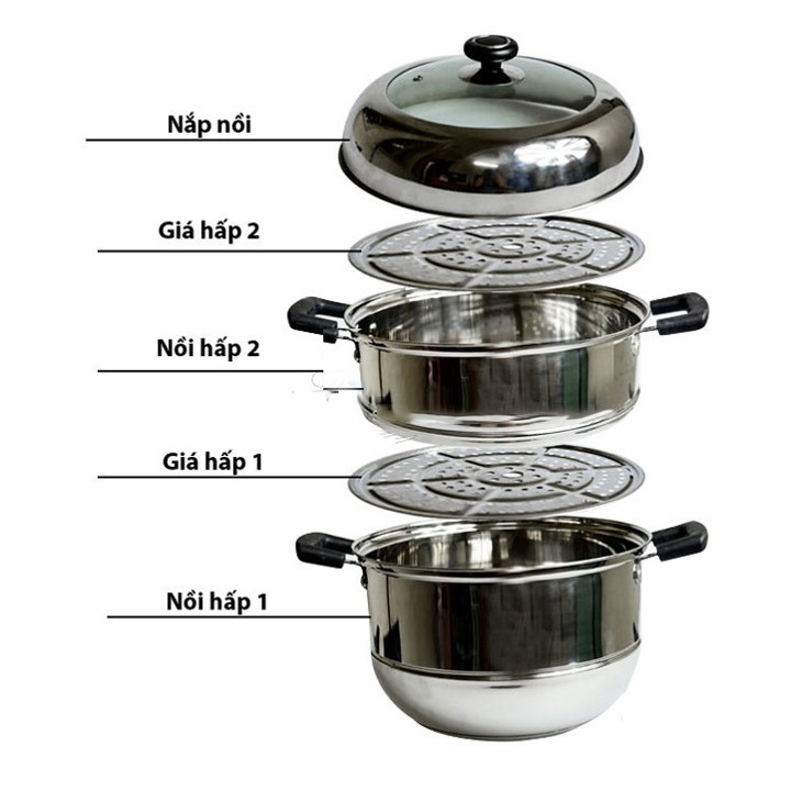 Bộ Xửng Hấp Inox 28cm - Nồi Hấp Đa Năng 2 - 3 Tầng Cao Cấp Nắp Kính, Nồi Lẩu Inox 3 Ngăn Tiện Dụng