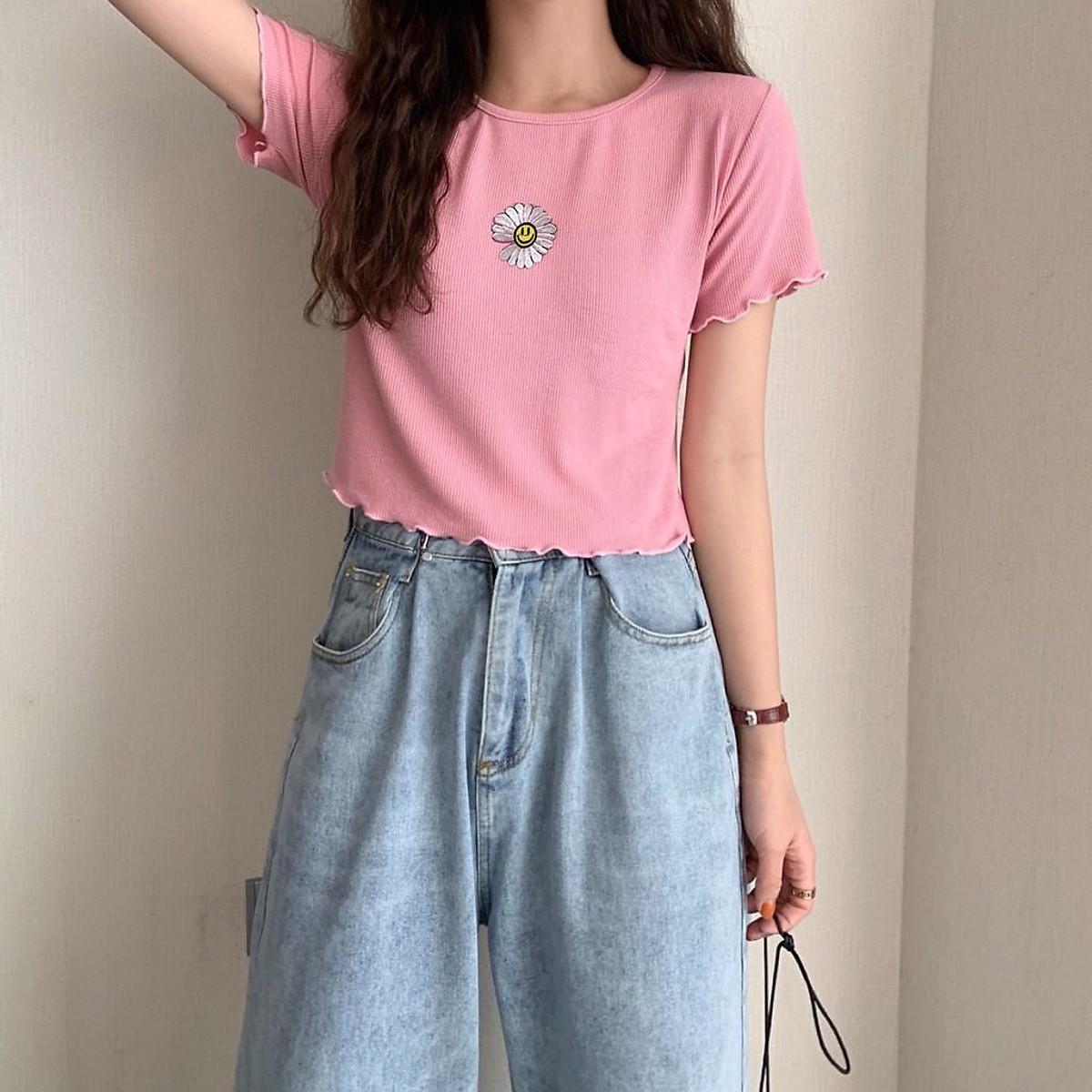 ÁO CROPTOP THUN ÔM BODY CO GIÃN - ÁO KIỂU CRT NGẮN TAY TRƠN BASIC THÊU HOA CÚC