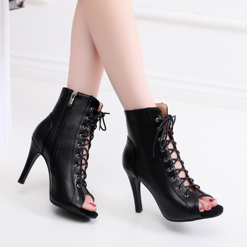 2022 Giày khiêu vũ Latin hàng đầu mới cho phụ nữ ngoài trời Salsa Tango Boots mở ngón chân giày cao gót phụ nữ Color: Black 9.5cm Shoe Size: 40