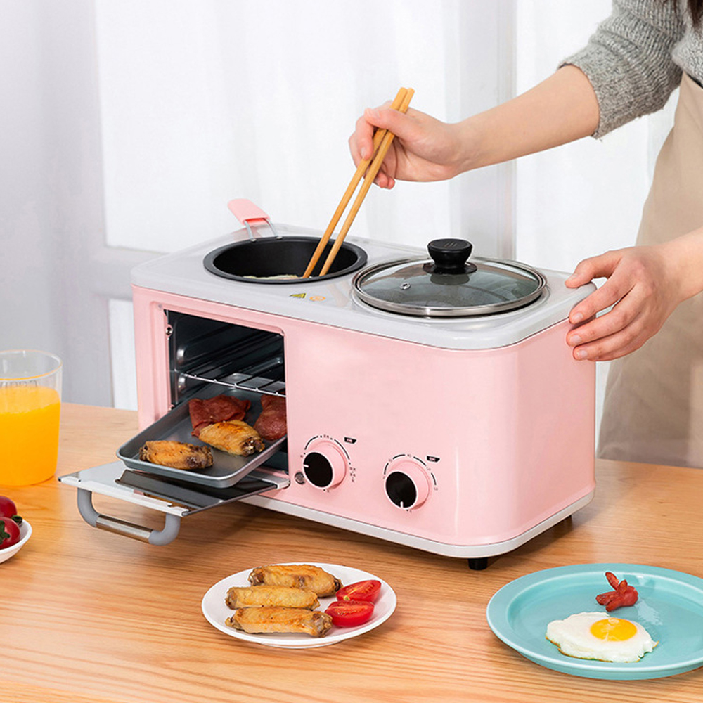 Máy Nướng Bánh Mì Sandwich Màu Hồng, lò nướng 4in1 Tích hợp Đun, Hấp, Chiên rán, Lò vi sóng