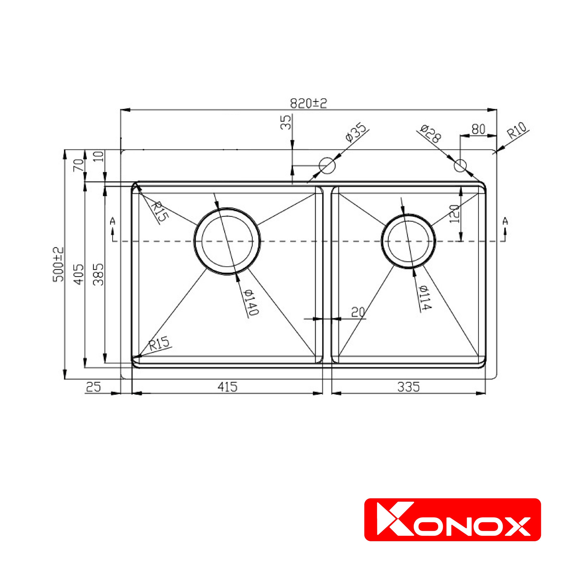 Chậu rửa bát Konox, Topmount Series, Model KN8250TD, Inox 304AISI tiêu chuẩn châu Âu, Hạ bậc tích hợp, 820x500x228(mm), Hàng chính hãng