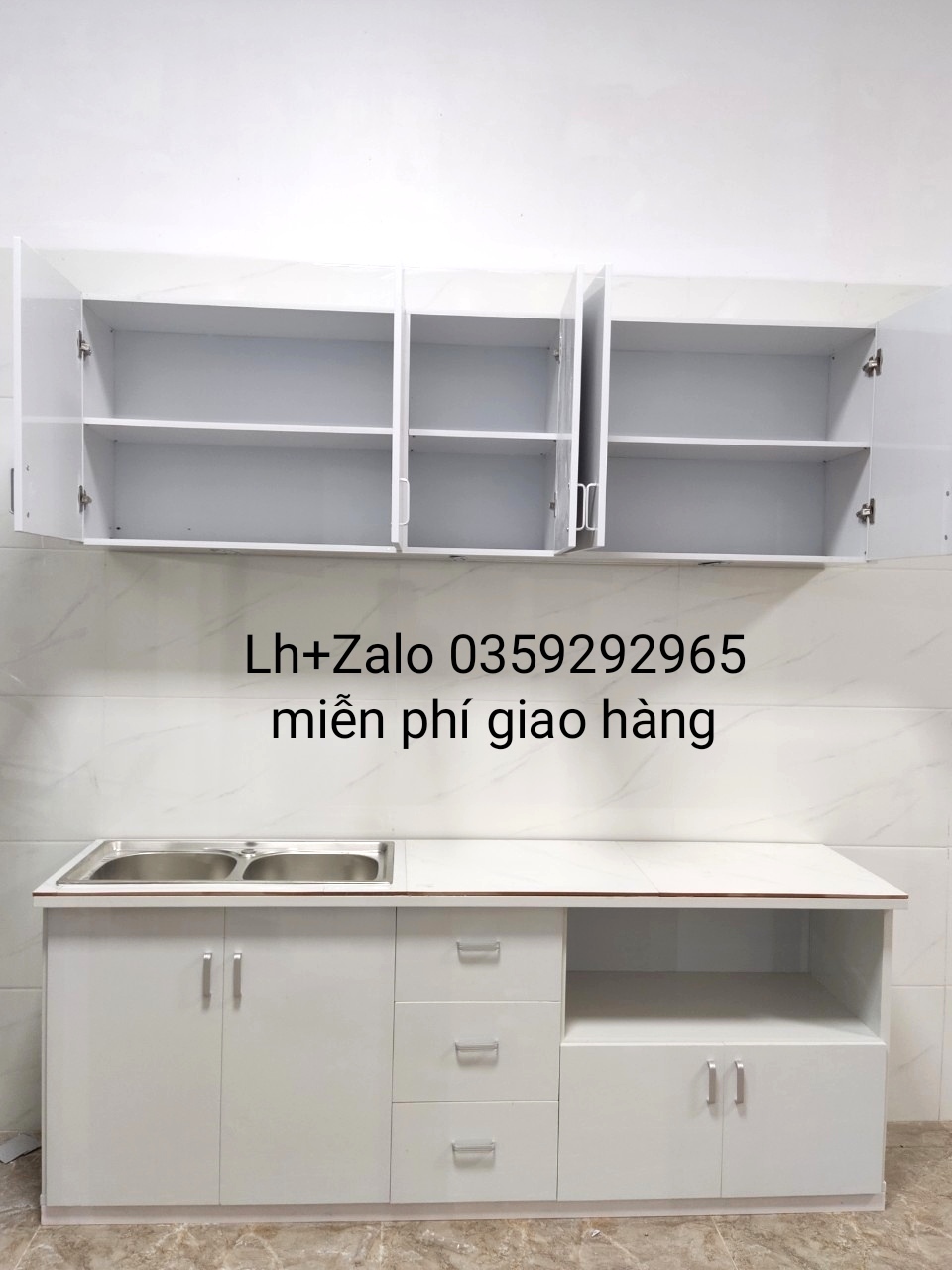 Tủ bếp mini nhựa đài Loan ốp mặt gạch sẵn bồn đôi