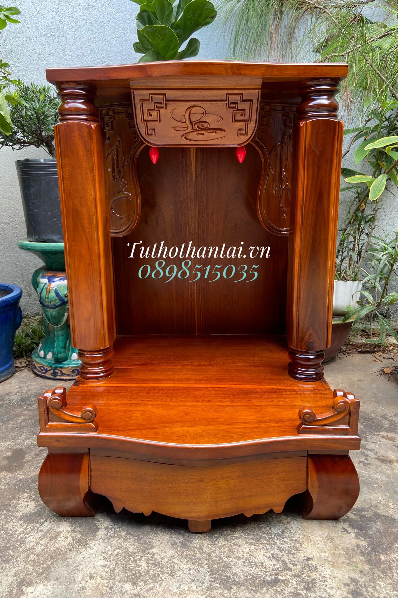Bàn thờ thần tài gỗ Tràm cột vuông 60CM X 88CM, ngăn kéo bệ lớn