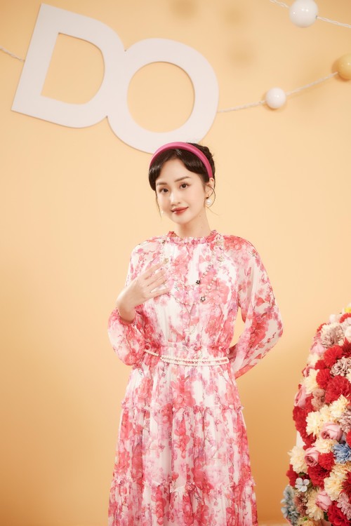 Đầm midi chiffon hoa đào dài tay thời trang nữ SIXDO