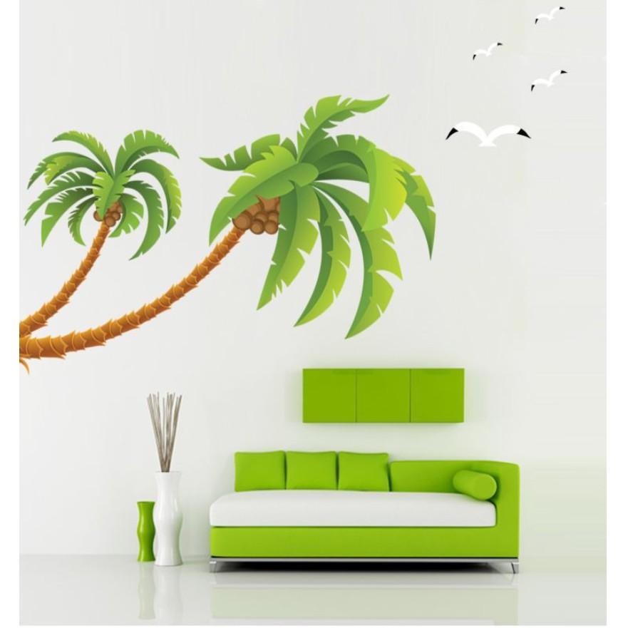 Decal trang trí tường - Cây Dừa Bãi Biển Xanh Lá size lớn